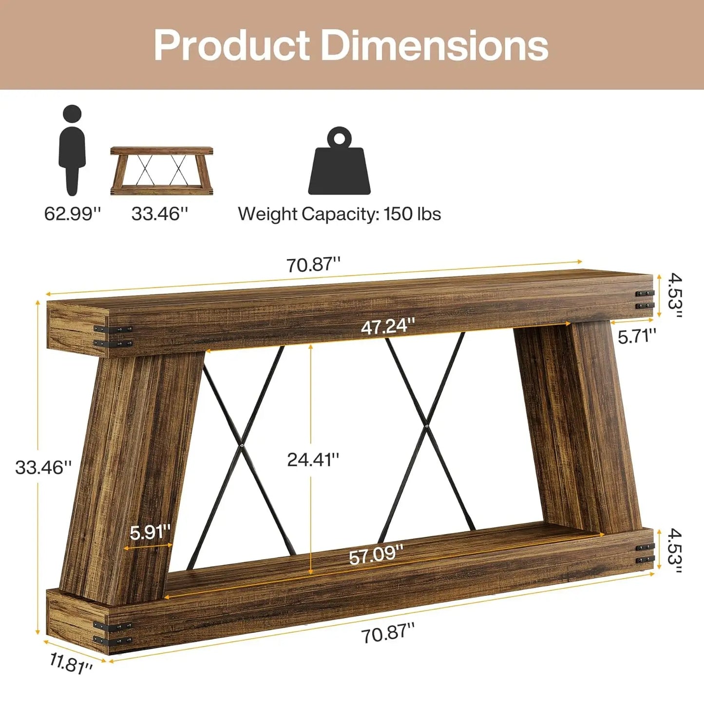70.9" Farmhouse Console Table, Long Sofa Table Behind Couch with Storage, Narrow Wooden Console Station, Industrial, Customized