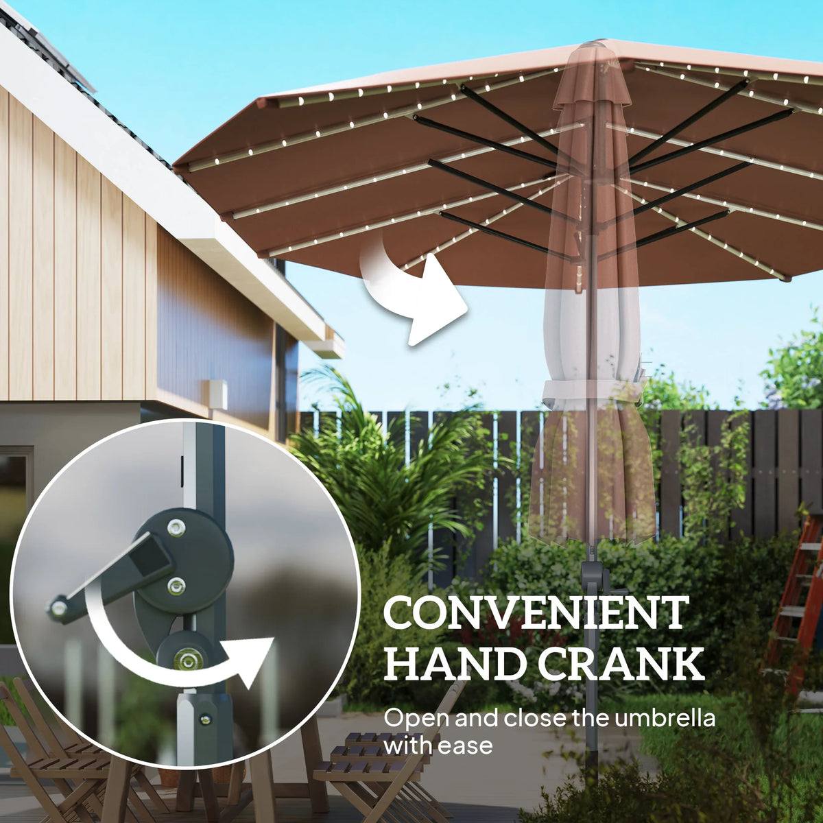 15ft Patio Umbrella with Solar Lights Upf50+ Outdoor Umbrella Tan