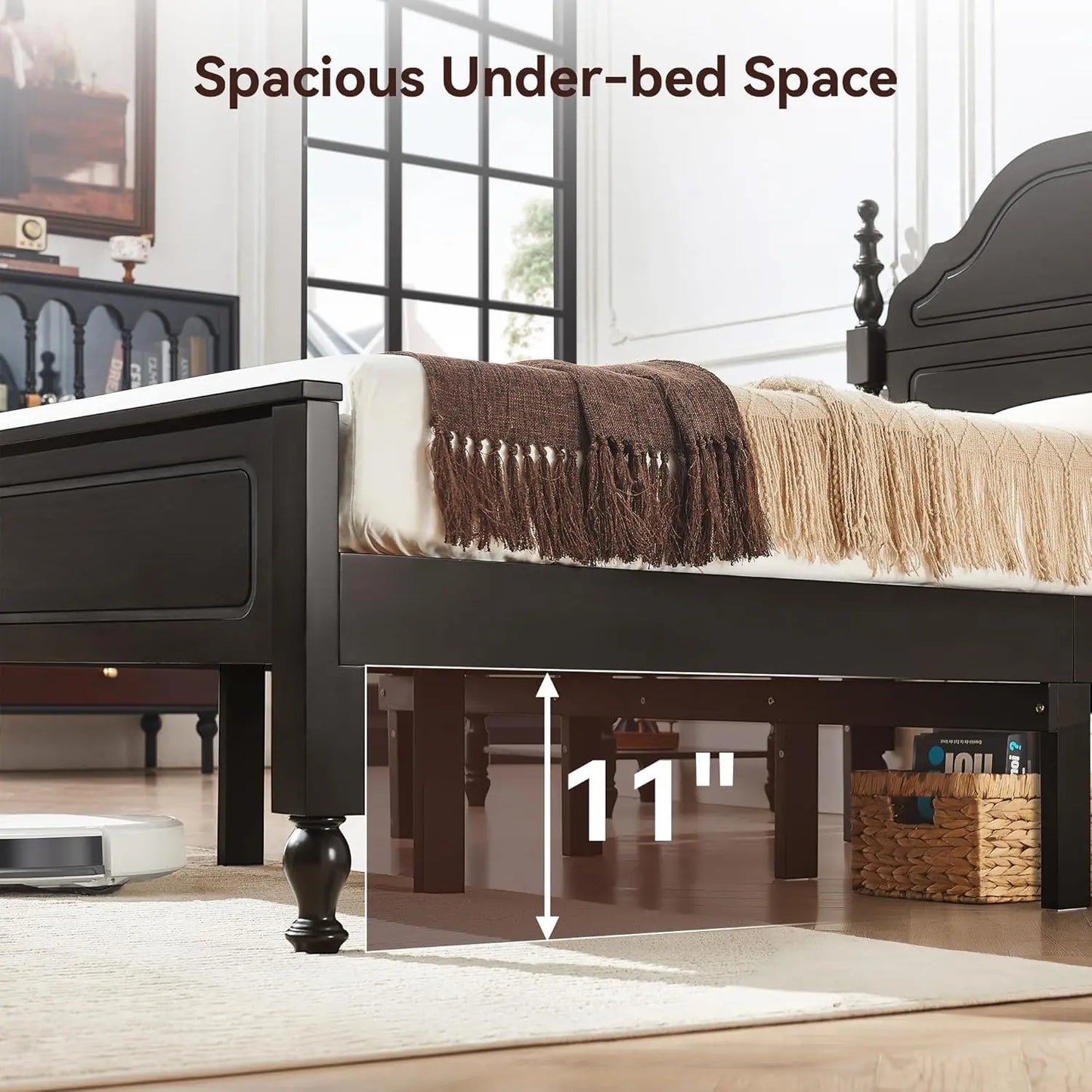 Solid Wood Bed Frame Queen Size, Wooden Retro Style Queen Bed Frame with Headboard and Footboard, Heavy Duty Bed Frame