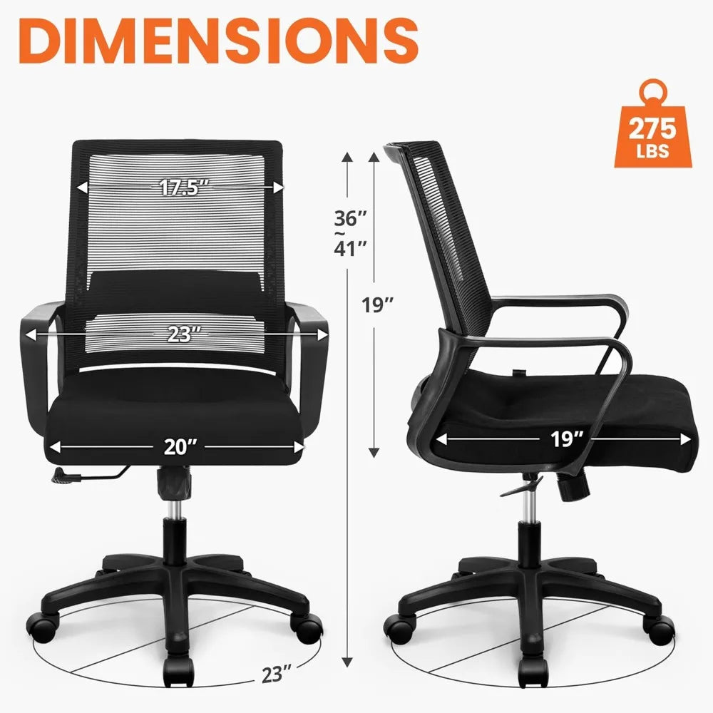 Ergonomic Mid Back Mesh Swivel Office Chair with Wheels Lumbar Support Adjustable Comfy Home Desk Seating Black