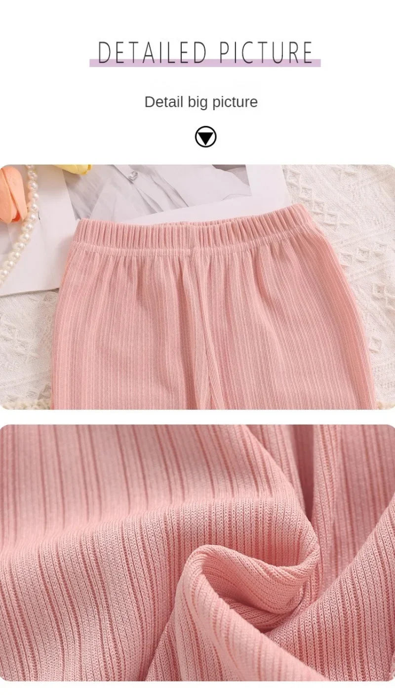 Children Summer Solid Color Thin Ribbed Knit Flared Pants Girls Casual Trousers Korea Fashion Pants Girl Princess Style Capris