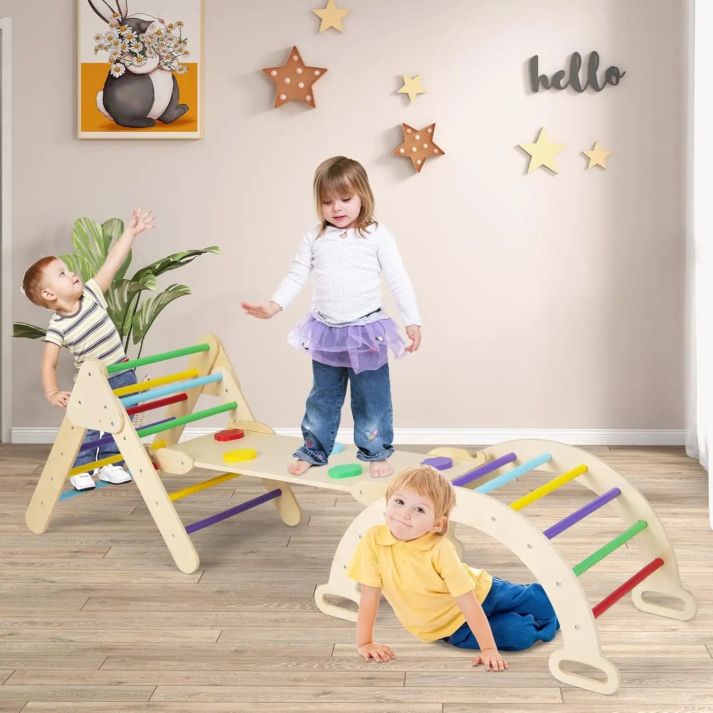 7-in-1 Foldable Wood Climbing Set with Ramp, Ladder, Arch & Slide for Toddlers 1-3 Indoor Playground