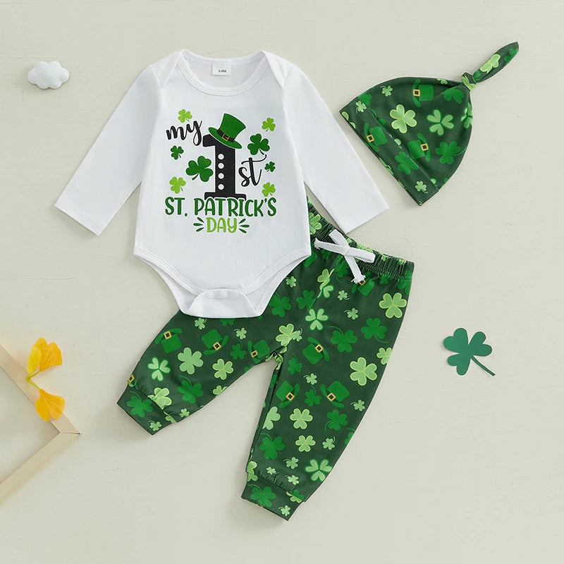 St Patrick's Day Baby Boys Shamrock Print Long Sleeve Rompers Long Pants Hat 3Pcs Outfit Set