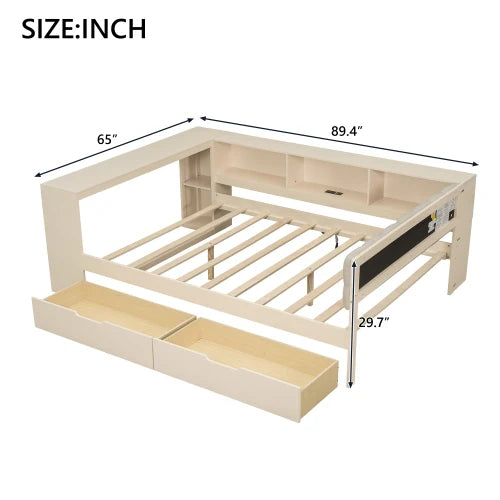 Wood Full Size Platform Bed with Storage Shelves, Drawers, Charging Station and Upholstered Headboard, Cream