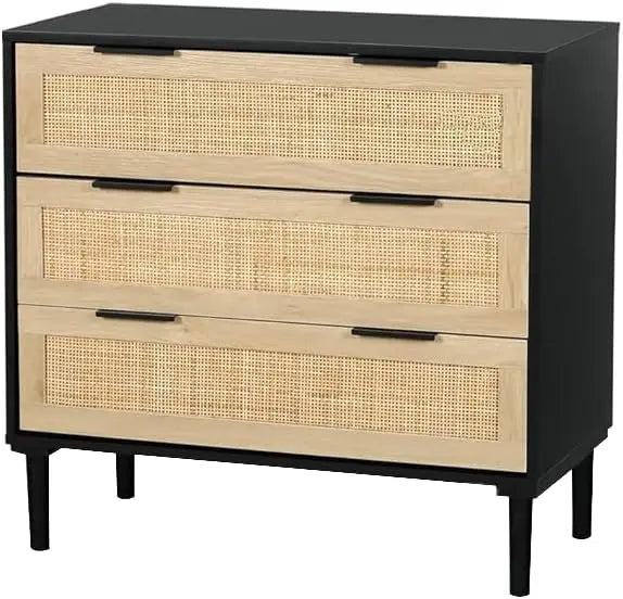 Large 3-Drawer Rattan Nightstand—Modern Wood Bedside Table for Queen & King Bedrooms