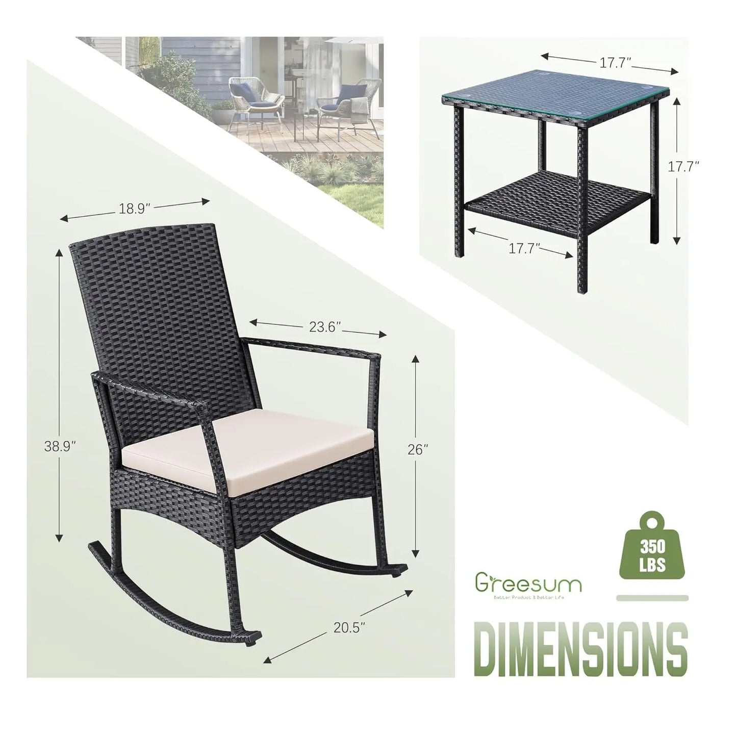 3pc Rattan Rocking Chair Patio Set w Glass Table for Garden Backyard Porch Poolside, Customized