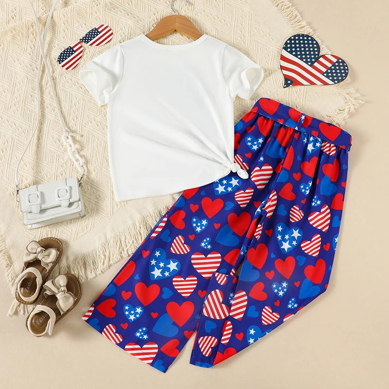 Cute Toddler Independence Day Outfit American Flag Print Sleeveless Top and Denim Shorts 2 Piece Set for Girls