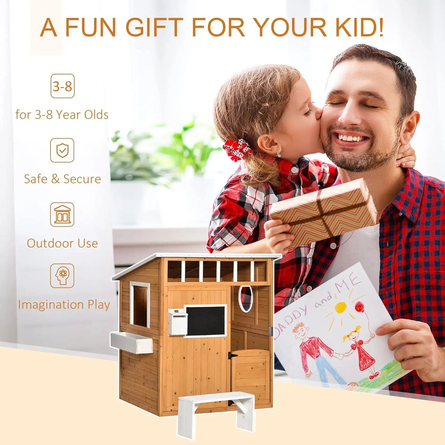 Wooden Playhouse for Kids Outdoor with Working Door, Windows, Mailbox, Bench, Flowers Pot Holder, 48" x 42.5" x 53"