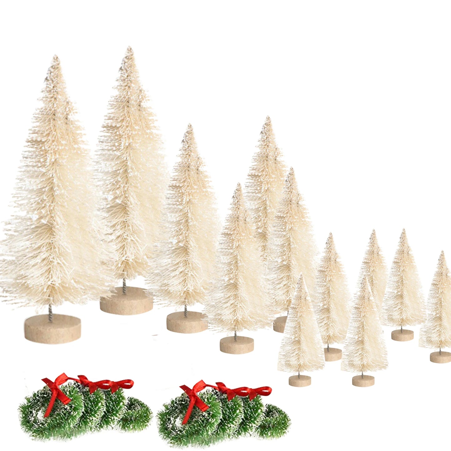 12PCS Artificial Mini Christmas Trees with 8PCS Small Christmas Wreaths, Bottle Brush Trees with Wood Base, Artificial Frosted