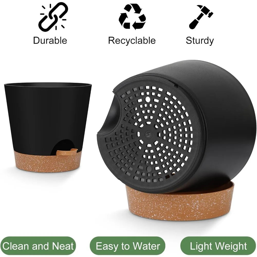 Indoor Self Watering Planters with Drainage Holes and Saucers 8 7 6.5 6 5.5 5 Inches Black 6 Pots