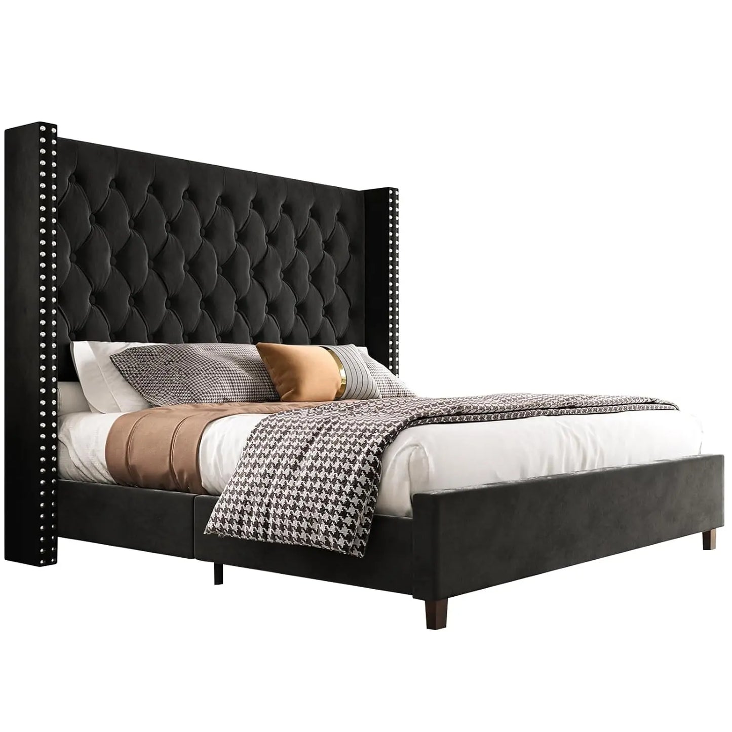 King Size Bed Frame Wingback Velvet Upholstered Platform Deep Button Tufting Solid Wood Legs No Box Spring Black, Customized