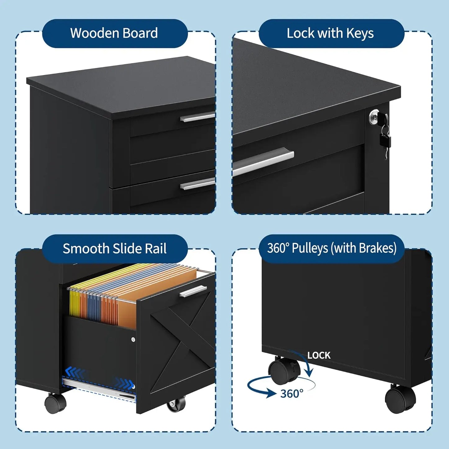 3-Drawer Rolling File Cabinet with Lock - Wooden Mobile Filing Cabinet for Home Office, Under Desk Storage Organizer fits Letter
