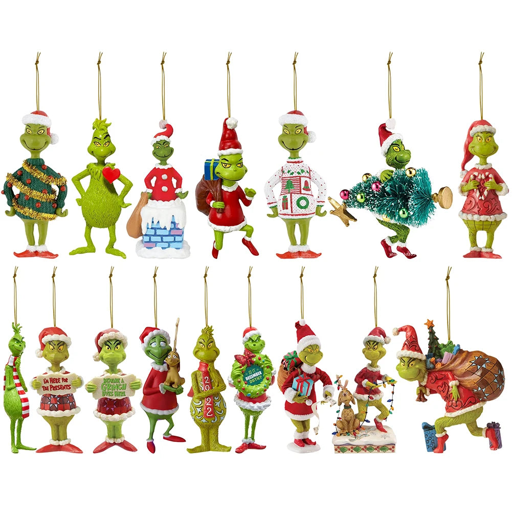 18Pcs 2D Acrylic Christmas Tree Green Monsters Ornaments Cute Green Monsters Christmas Tree Pendants Christmas Cartoon Ornaments