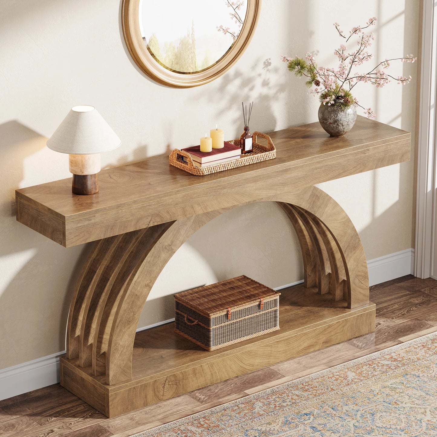 LITTLE TREE 63-Inch Entryway Table, 2-Tier Sofa Table Behind The Couch, Farmhouse Narrow Unique Arched Console for Hallway
