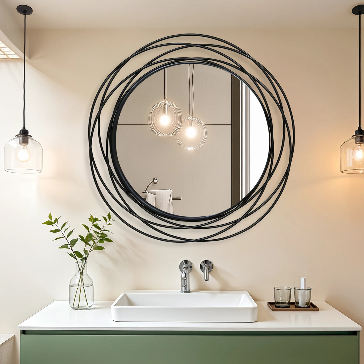 32 Inch Round Black Iron Wire Frame Decorative Wall Mirror for Living Room