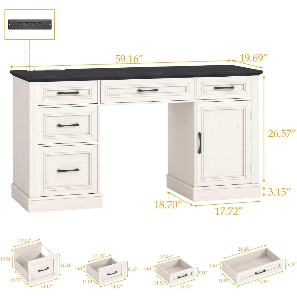 Farmhouse 59'' Executive Desk with Charging Station,Office Desks Computer Desk with 5 Drawers, Wood Workstation for Home Office