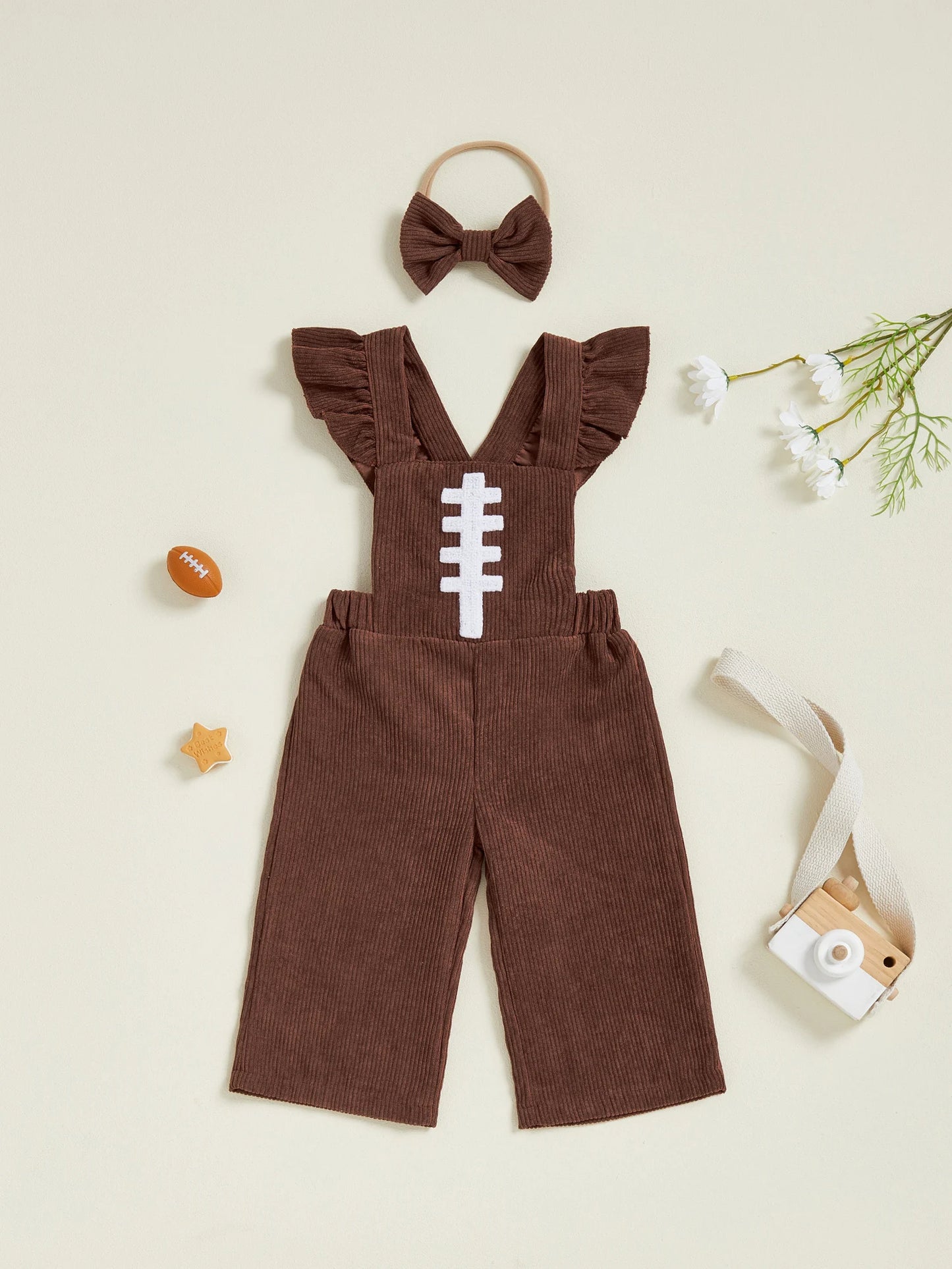 Cute Baby Girls Denim Overalls with Floral Embroidery Ruffle Sleeve Square Neck Jumpsuit and Matching Bow Headband