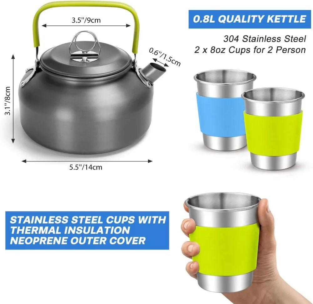 15pcs Non-Stick Camping Cookware Set, Lightweight Pot Pan Kettle with Stainless Steel Cutlery for Outdoor Cooking
