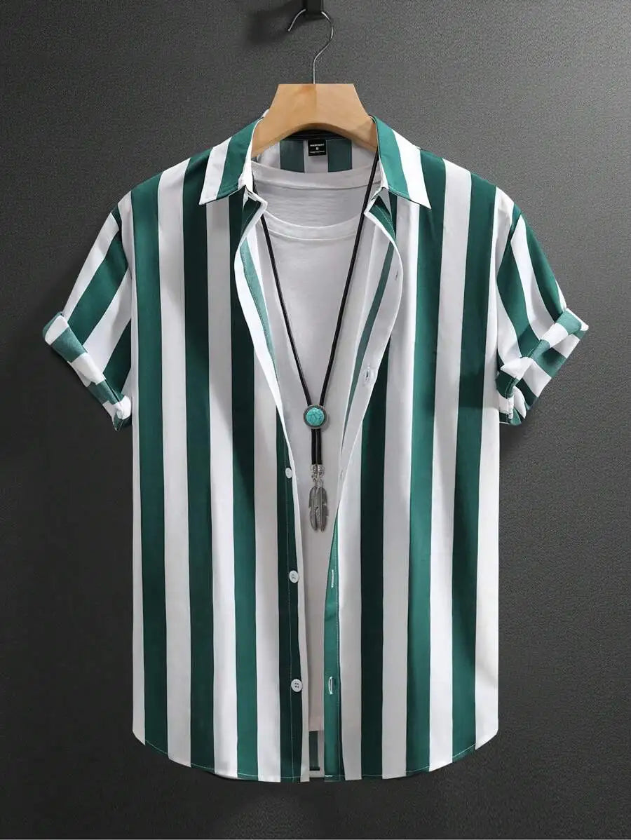 Men Vertical Striped Button Up Short Sleeve Shirt Casual