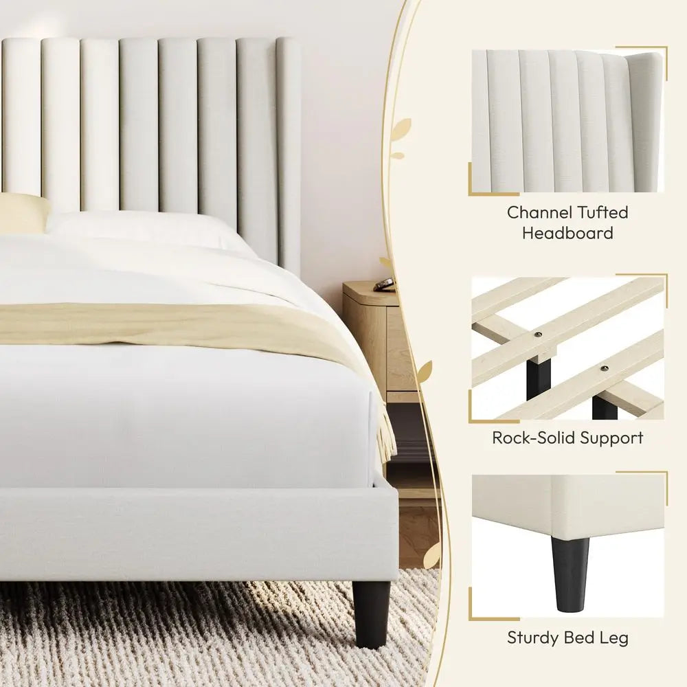 Queen Upholstered Bed Frame With Ivory Channel Tufted Headboard, Sturdy Platform Style