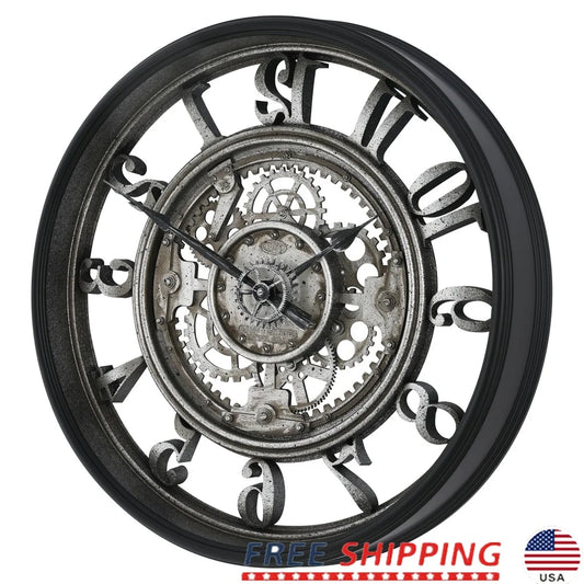 20 Inch Indoor Rustic Metal Arabic Analog Wall Clock with Moving Gears Lightweight Quartz Movement Home Decor Battery Operated