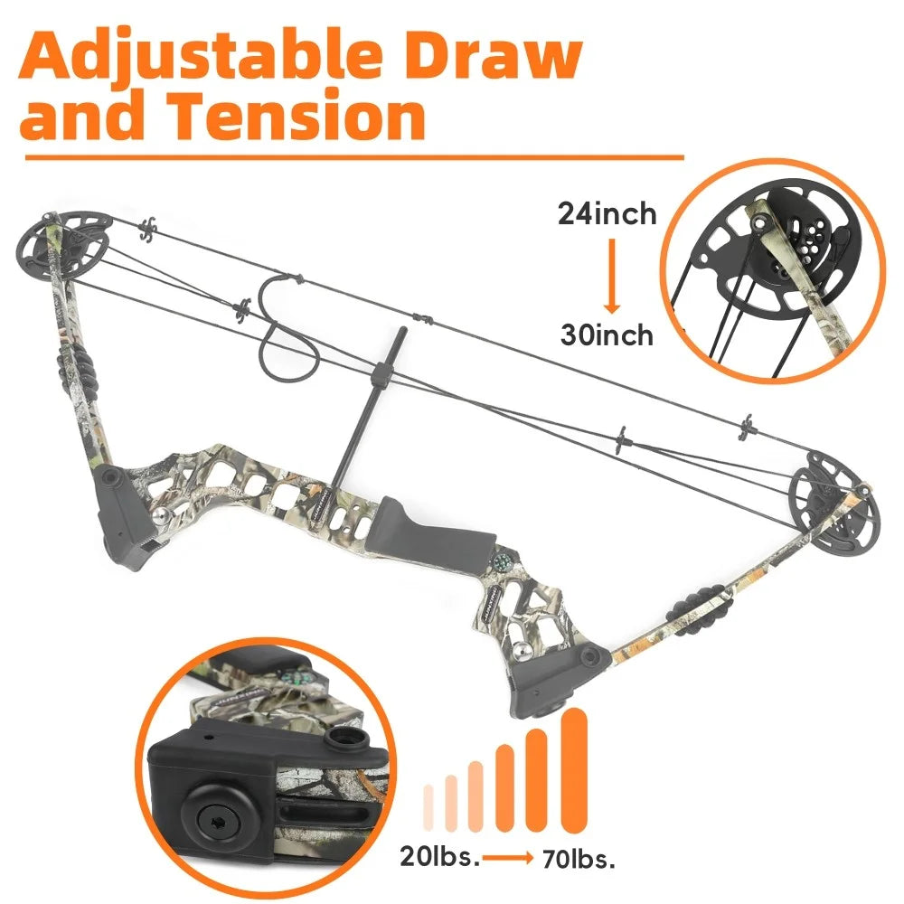 Adjustable Compound Bow Arrow Set with Spine 500 Carbon Arrows 20-70lbs 320FPS High-Strength Alloy Handle RH/LH for Adults Beginners Hunting Shooting Target Practice Outdoor Accessories