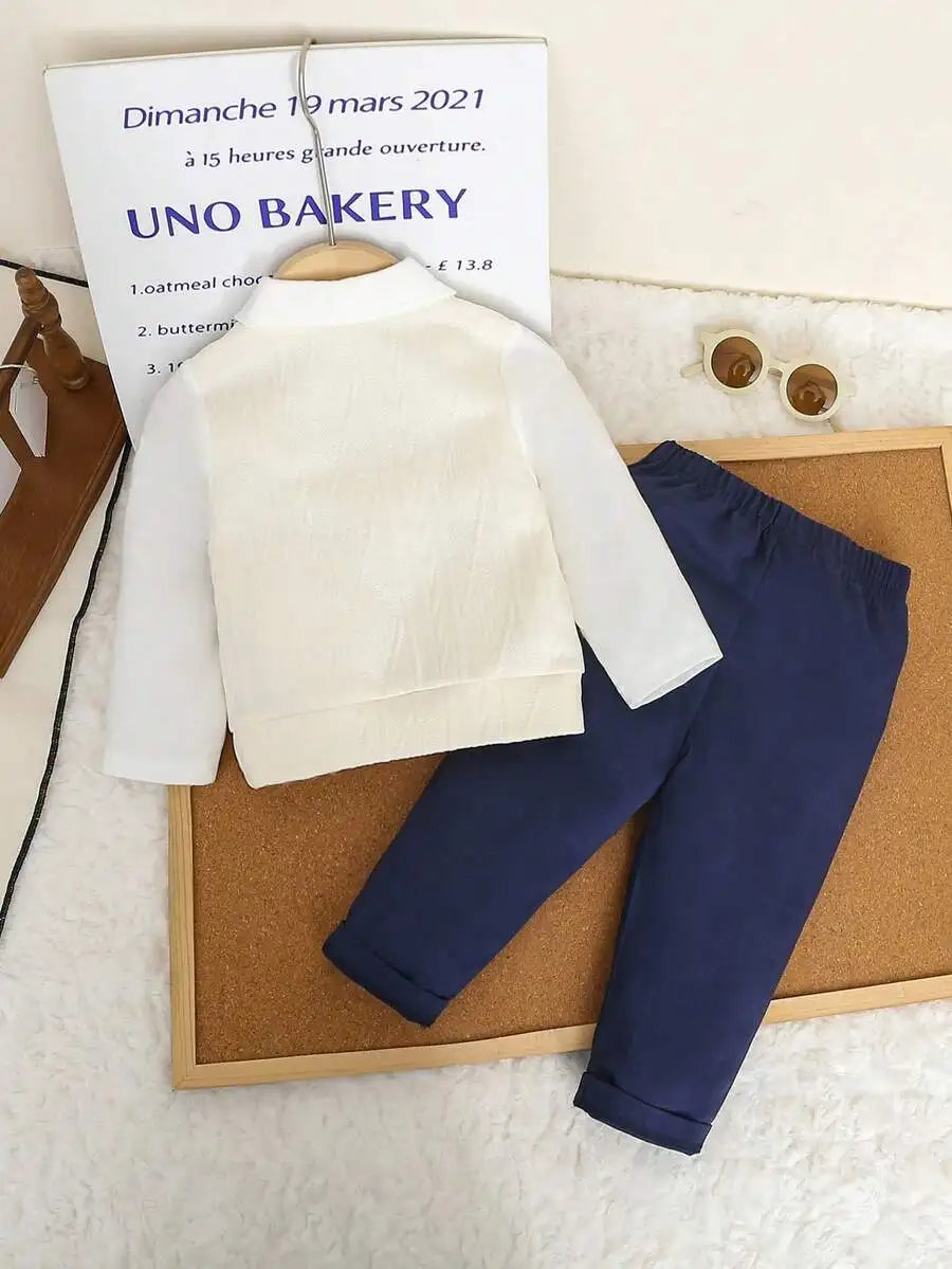 2-Piece Baby Boy Formal Outfit: Knit V-Neck Sweater with Bow Tie + Elastic Waist Pants