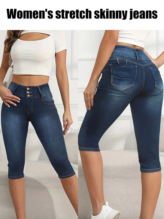 Women's High - Waist Stretch Denim Capri Jeans with Triple - Button Closure