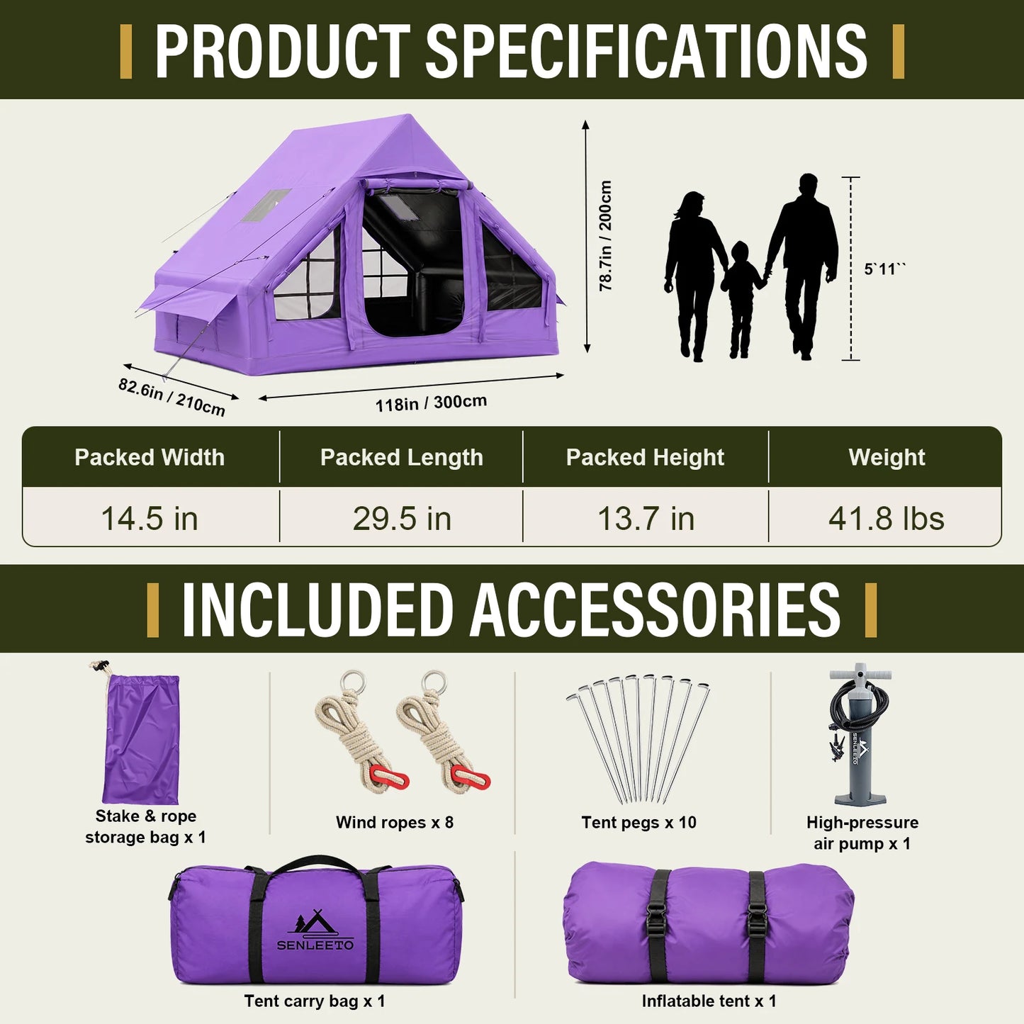 SENLEETO 67.8 SqFt Inflatable Camping Tent for 2-3 Person with Stove Jack,Black Coating Easy Setup Blow Up Tent with Skylight AC Vent Mesh Window