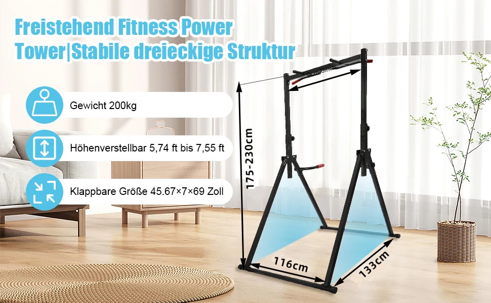 NEW Foldable Power Tower Dip Station, Height Adjustable,175cm-230 cm, Triangular Pull Up Station, 200kg, Multifunctional Fitness