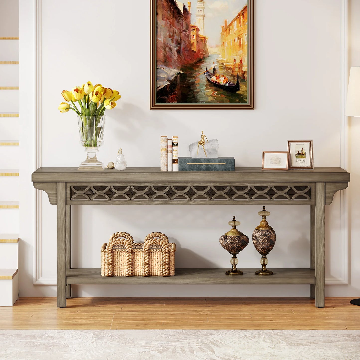 LITTLE TREE 70.8-Inch Solid Wood Long Console Table, Farmhouse Entryway Table with Storage, Narrow Sofa Table Grey Couch Table
