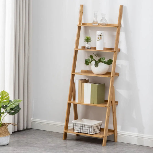 Bamboo Ladder Shelf Bookcase, 5-Tier Leaning Bookshelf Free Standing Organizer Storage Shelves for Living Room, Bedroom