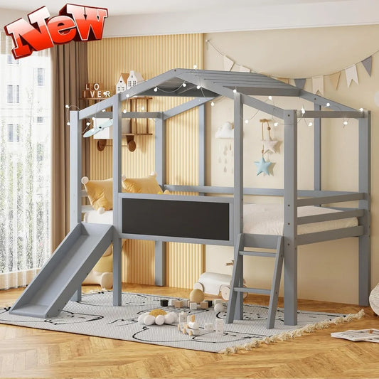 Harper & Bright Designs Kids House Loft Bed with Slide, Twin Size Low Loft Bed with LED Lights & Blackboard, Wood Playhouse Loft