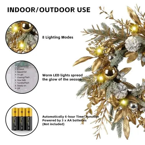 20 Inch Christmas Wreath with 20 Warm Lights, 8 Modes and Timer for Door