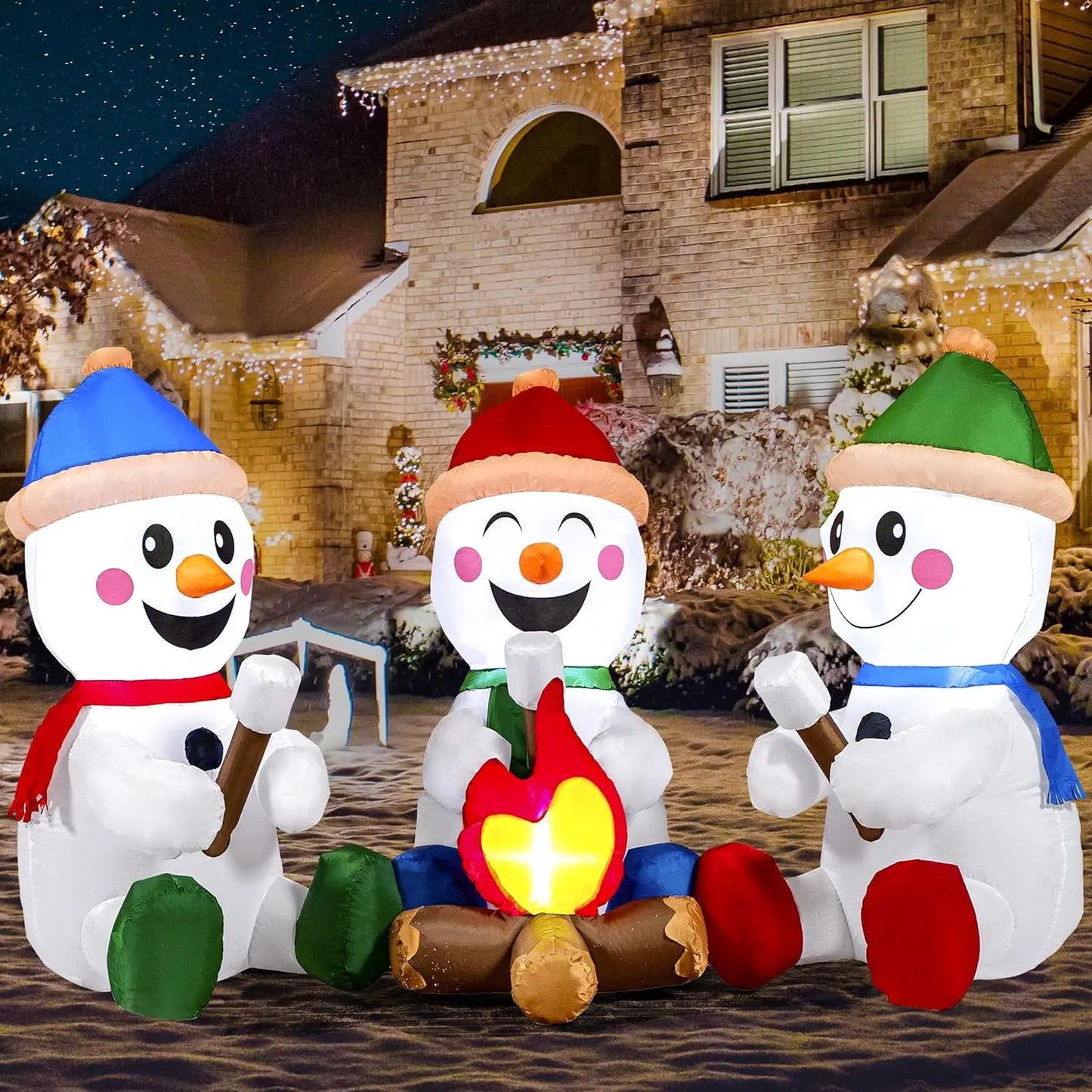 JOYFY 6 FT Long Christmas Inflatable Snowman with Campfire with Built-in LEDs for Xmas Party  Christmas Blow Up Yard Decoration