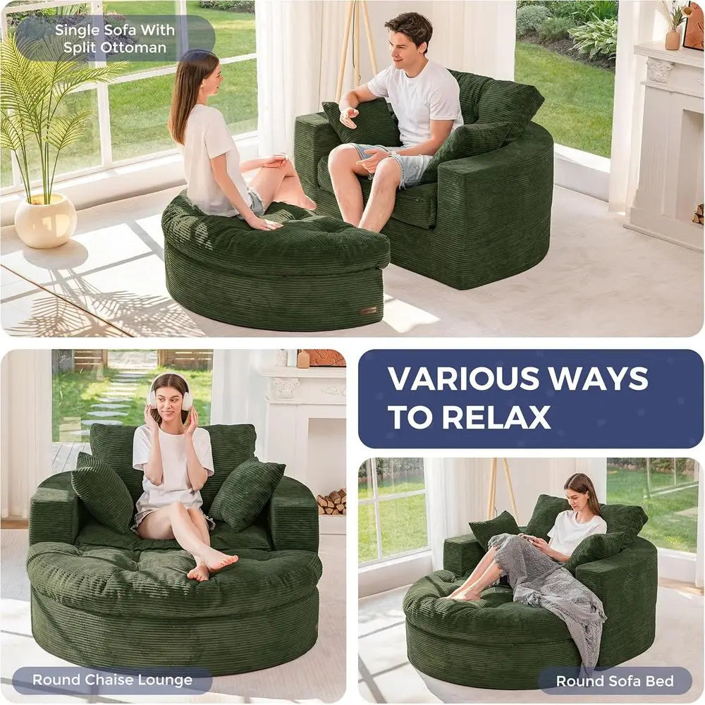 Large Round Upholstered Chaise Lounge Sofa with 3 Pillows, Ottoman, Deep Seating Sleeper Chair for Living Room or Bedroom, No As