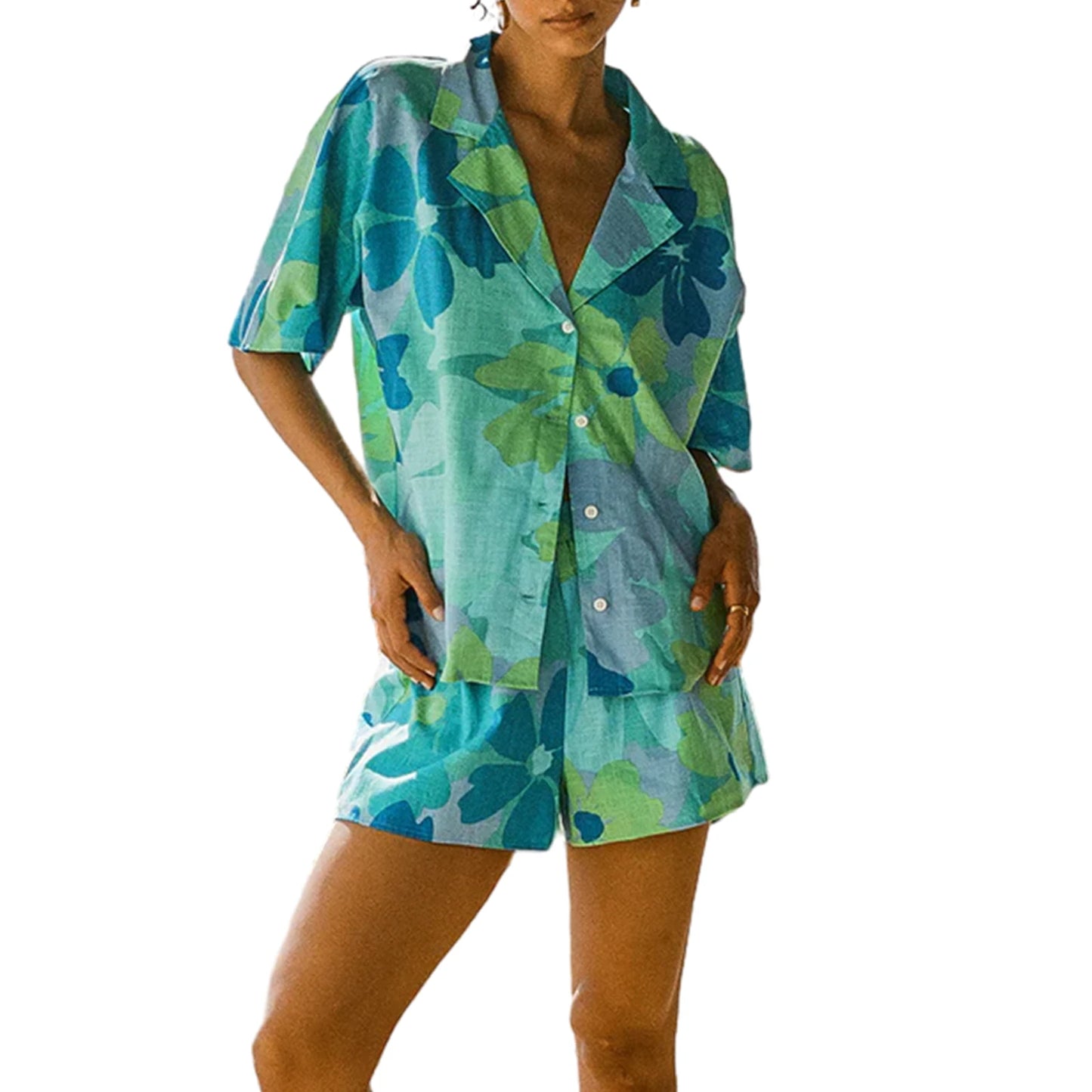 Women Shorts Set Flower Print Short Sleeve Shirt with Elastic Waist Shorts Summer Outfit