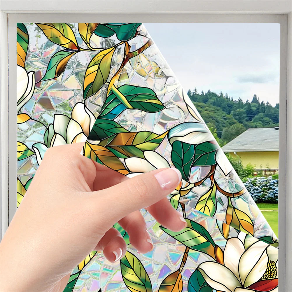 Static Cling Decor Window Film, Vivid Plant Flower Stained Glass Window Decals Sticker Sunscreen Window Clings For Room Kitchen
