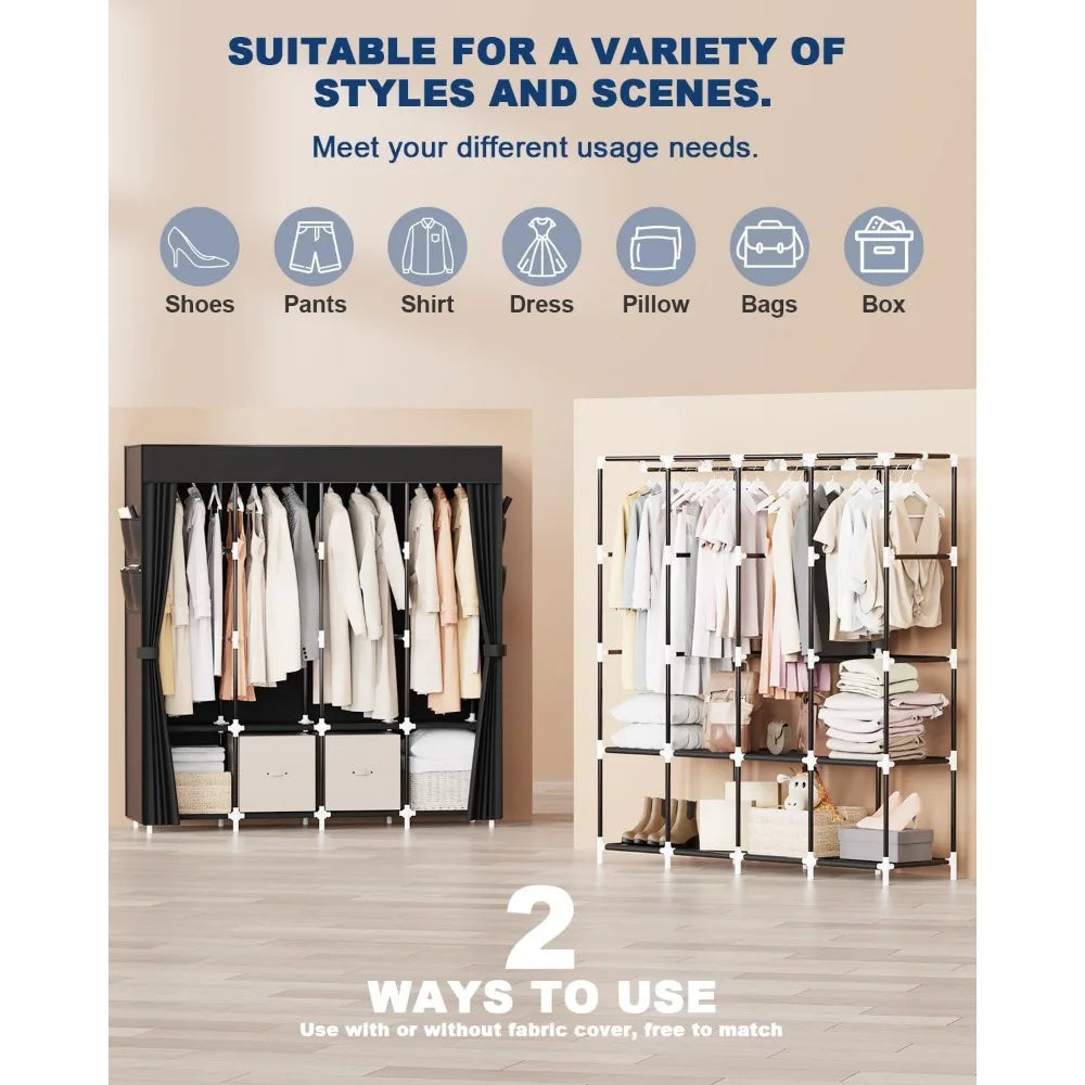 Portable Clothes Organizer with 4 Hanging Rods Large Fabric Wardrobe Storage for Bedroom Living Room Black
