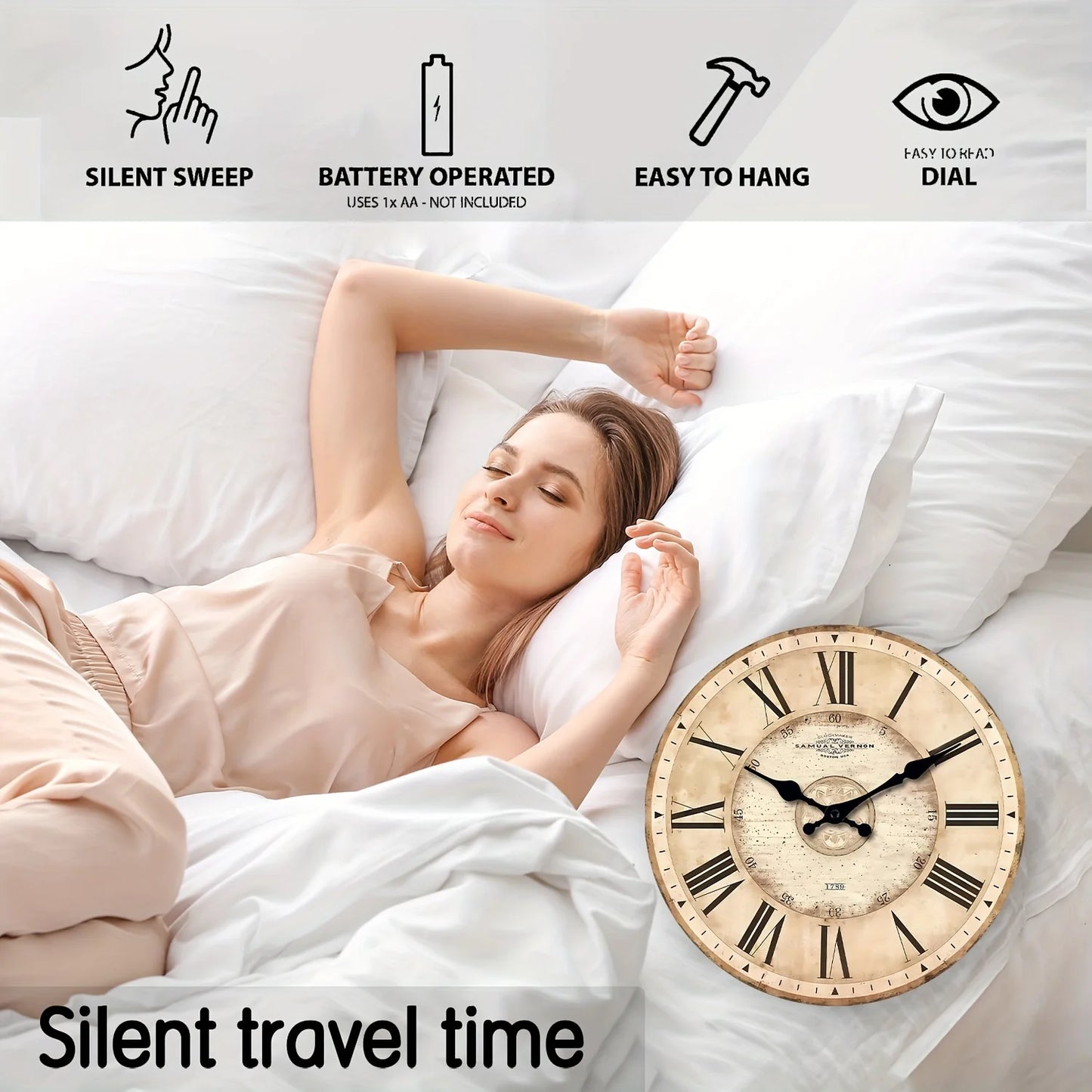 A 10-16-Inch Large American Wooden Roman Numeral Clock Wall - Battery-Powered, Silent Clock, Suitable for Living Room, Bedroom,