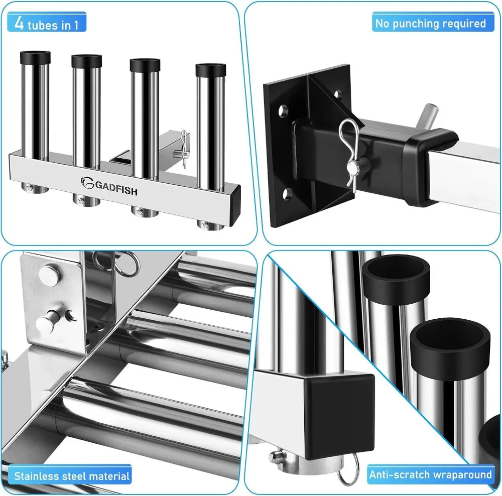 Stainless Steel Hitch Fishing Rod Holder for 2" Receivers, 4 Tube Rack with Quick Release Pin, Adjustable Truck Rod Holder