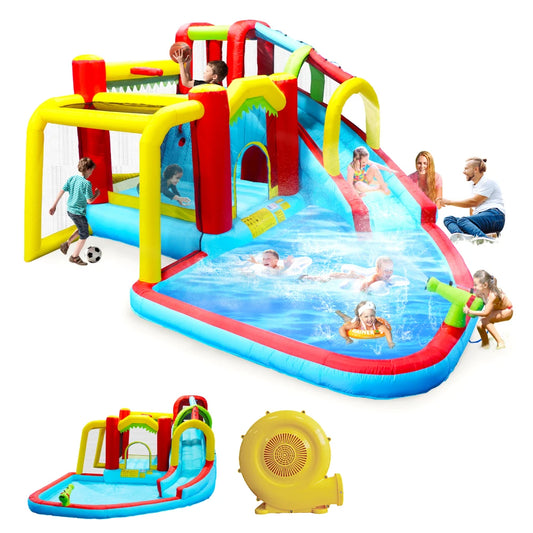 7 in1 Inflatable Slide Water Park Bouncing House Outdoor Soccer Garden Bouncer with Splash Pool Water Gun Climbing Wall