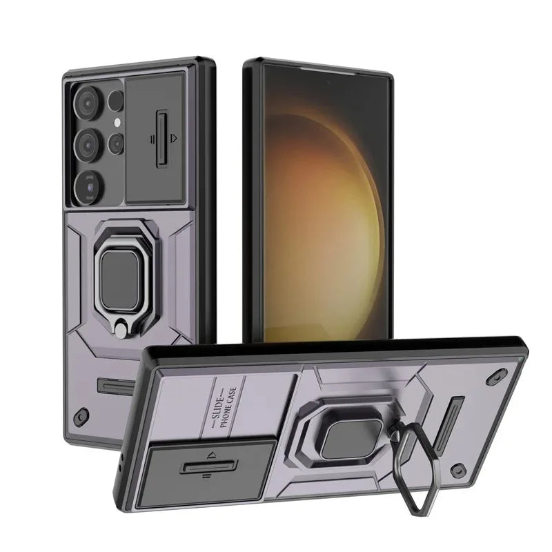 Slide Camera Armor Case For Samsung Galaxy S25 Ultra S24 FE S23 Plus A54 A55 M56 A26 A36 A56 5G Lens Protect Magnetic Ring Cover