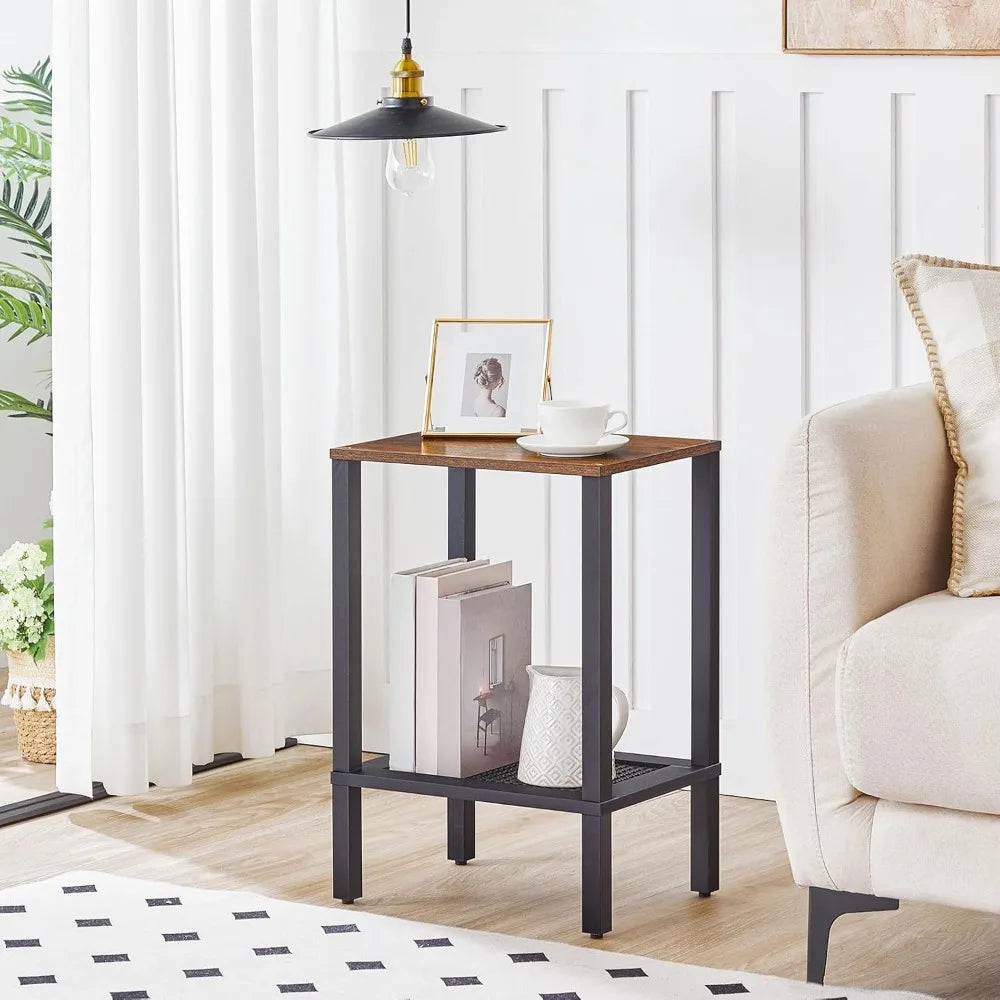 Small Side Table with Two Tier Storage and Faux Rattan Detail Rustic Brown and Black