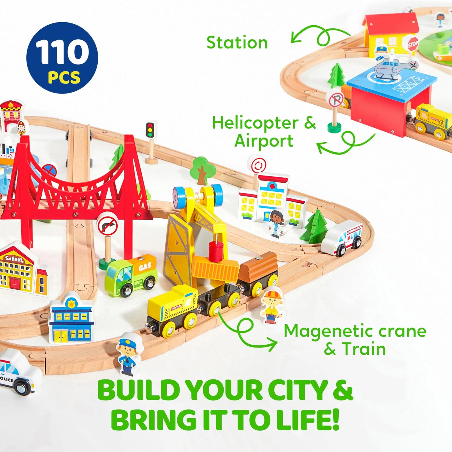 Joyfy 110/60 Pcs Wooden Train Set with Tracks City Scene Railway Set with Magnetic Trains Toy for kids Birthday Christmas Gift