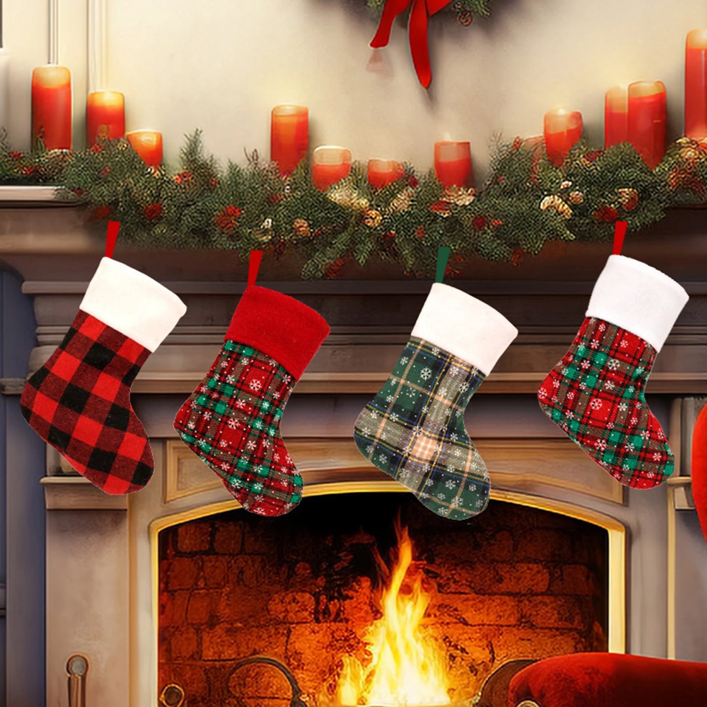 Navidad 2025 Novedades Red And Green Plaid Snowflake Socks Christmas Decorations Home Decor Adornos NavideñOs