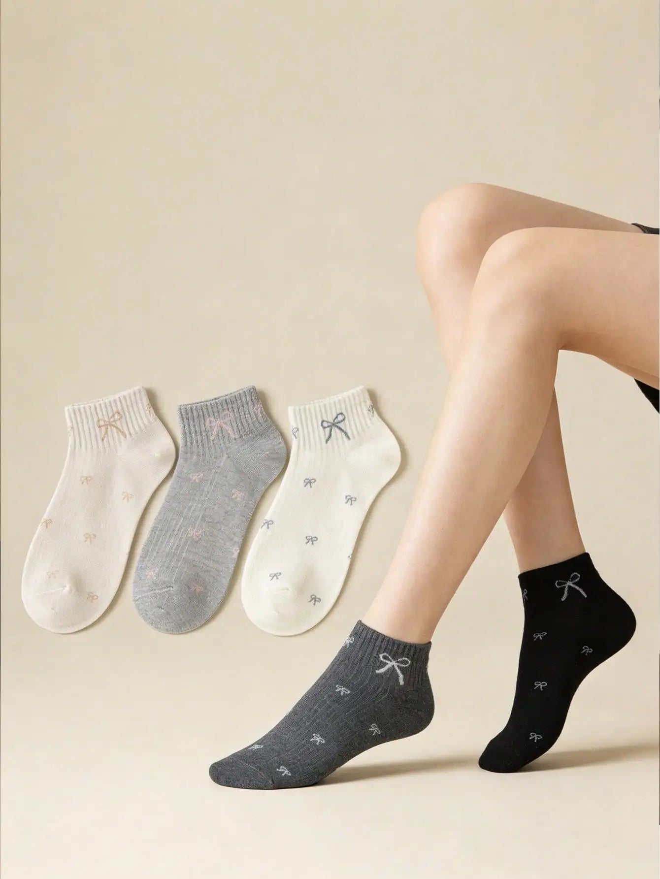 5 Pairs Women's Cute Bow & Floral Pattern Short Socks, Fashionable College Style, Comfortable & Breathable, Versatile For Daily, Sports, Casual Wear, Suitable For Spring, Summer, Autumn