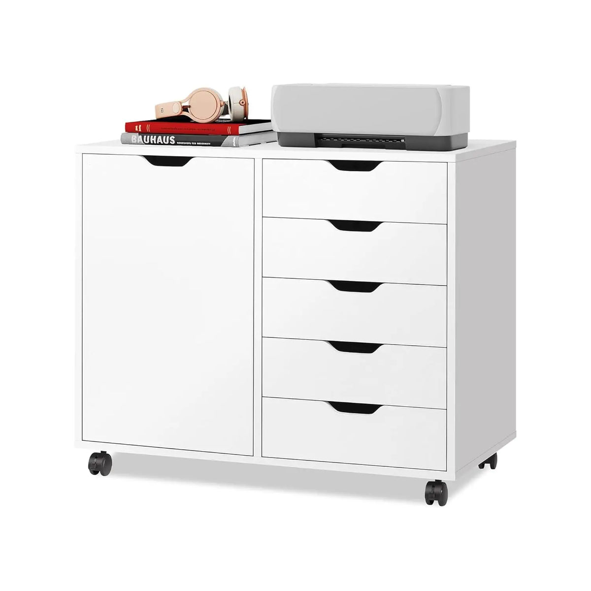 5-Drawer Wood Drawer Cabinet, Office Storage Cabinet with Adjustable Shelf & Wheels, Printer Stand for Home Office, Customized