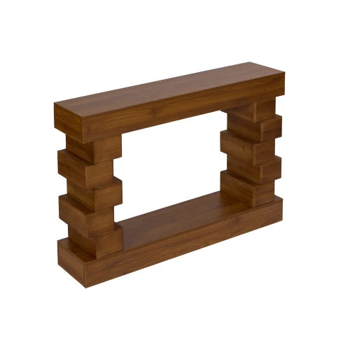 Modern Geometric Block Stacked Wood Console Table With Natural Finish