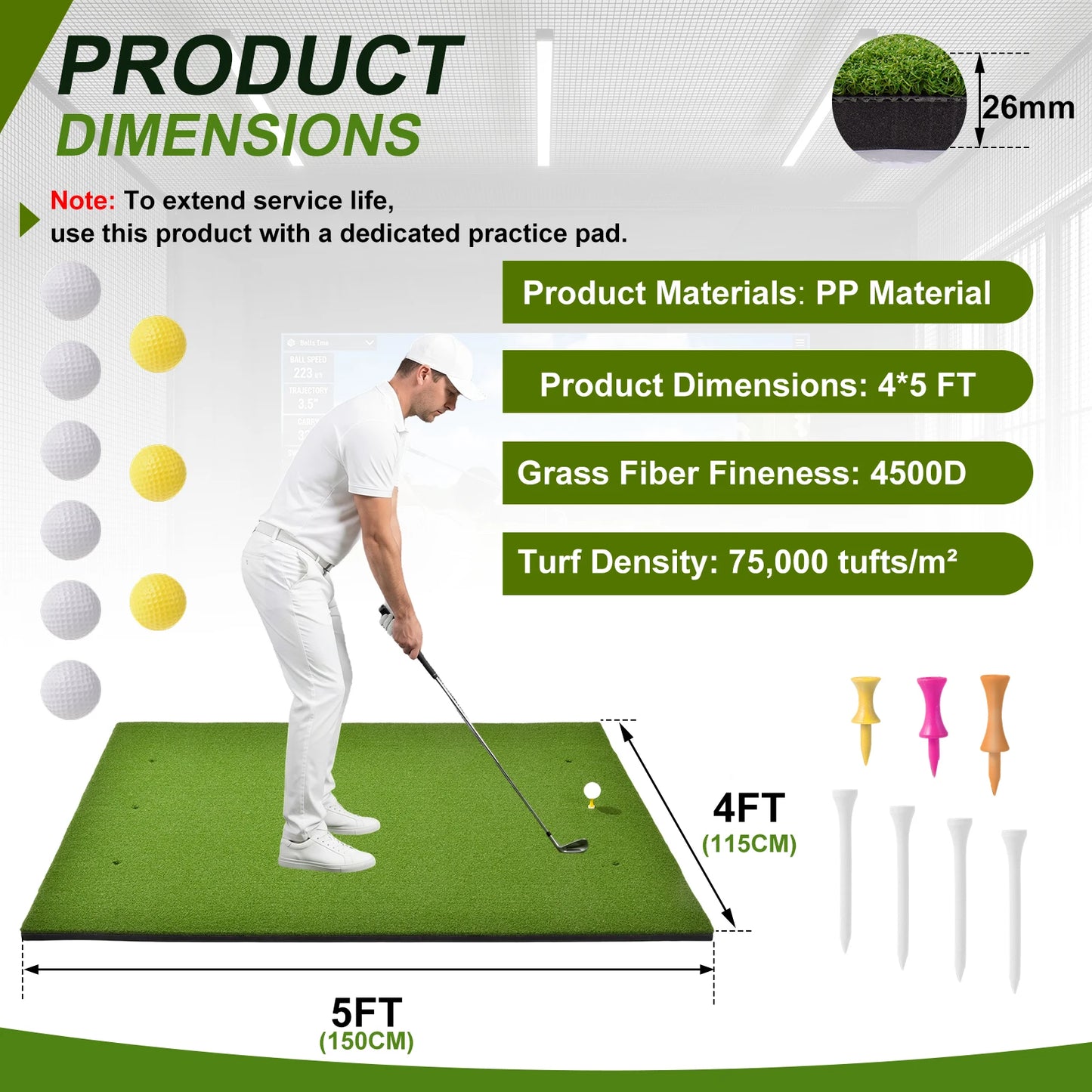 Heavy Duty Golf Hitting Mat 5x4 FT Large Practice Area Commercial Grade Synthetic Turf Training Aid Shock Absorption Non Slip Backing for Indoor Outdoor Driving Range Simulator Backyard Garage with Balls and Tees